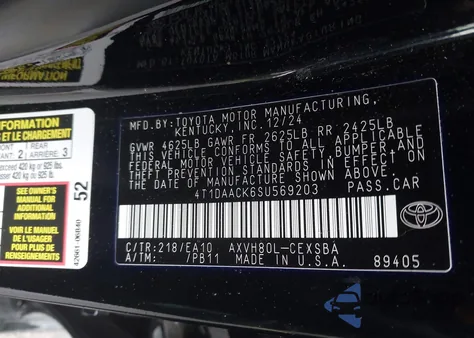 2025 Toyota Camry Se from USA, damaged, VIN 4T1DAACK6SU569203